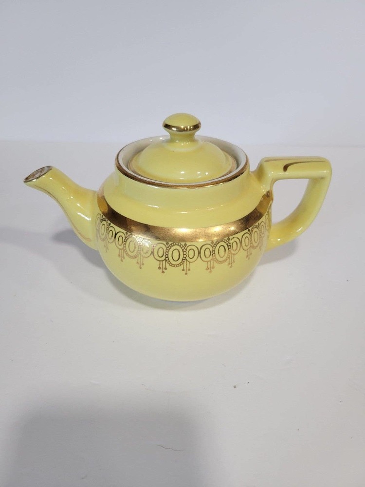 Vintage 1930's Hall China Hook Yellow & Metallic Gold Teapot #019